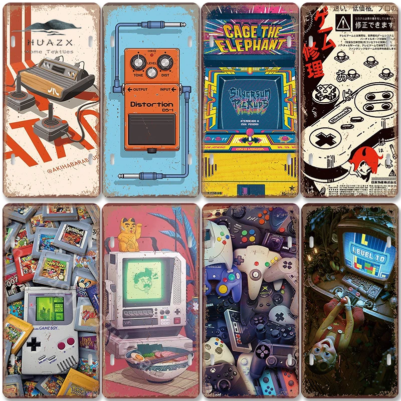 Retro Gaming Arcade Console - ป้ายโลหะวินเทจลายเกมส์ คอนโซลเกมส์เก๋ๆ ทีวี 8 บิต พิกเซล